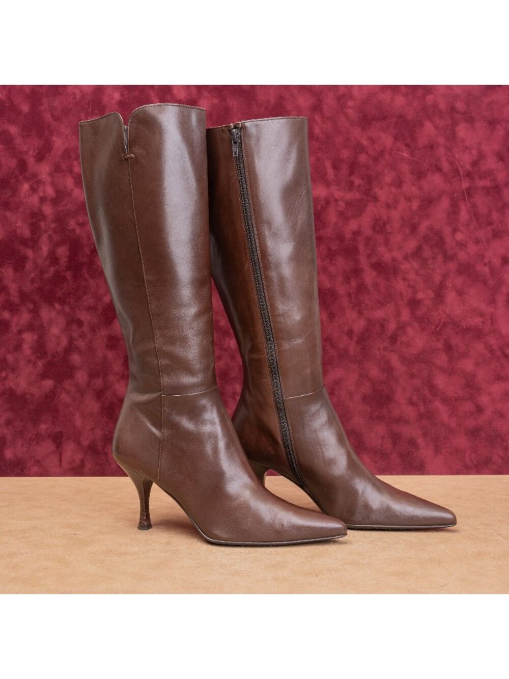 Stuart Weitzman Women Vintage Y2K Brown Leather Pointy Toe Zip Knee Boots sz 8